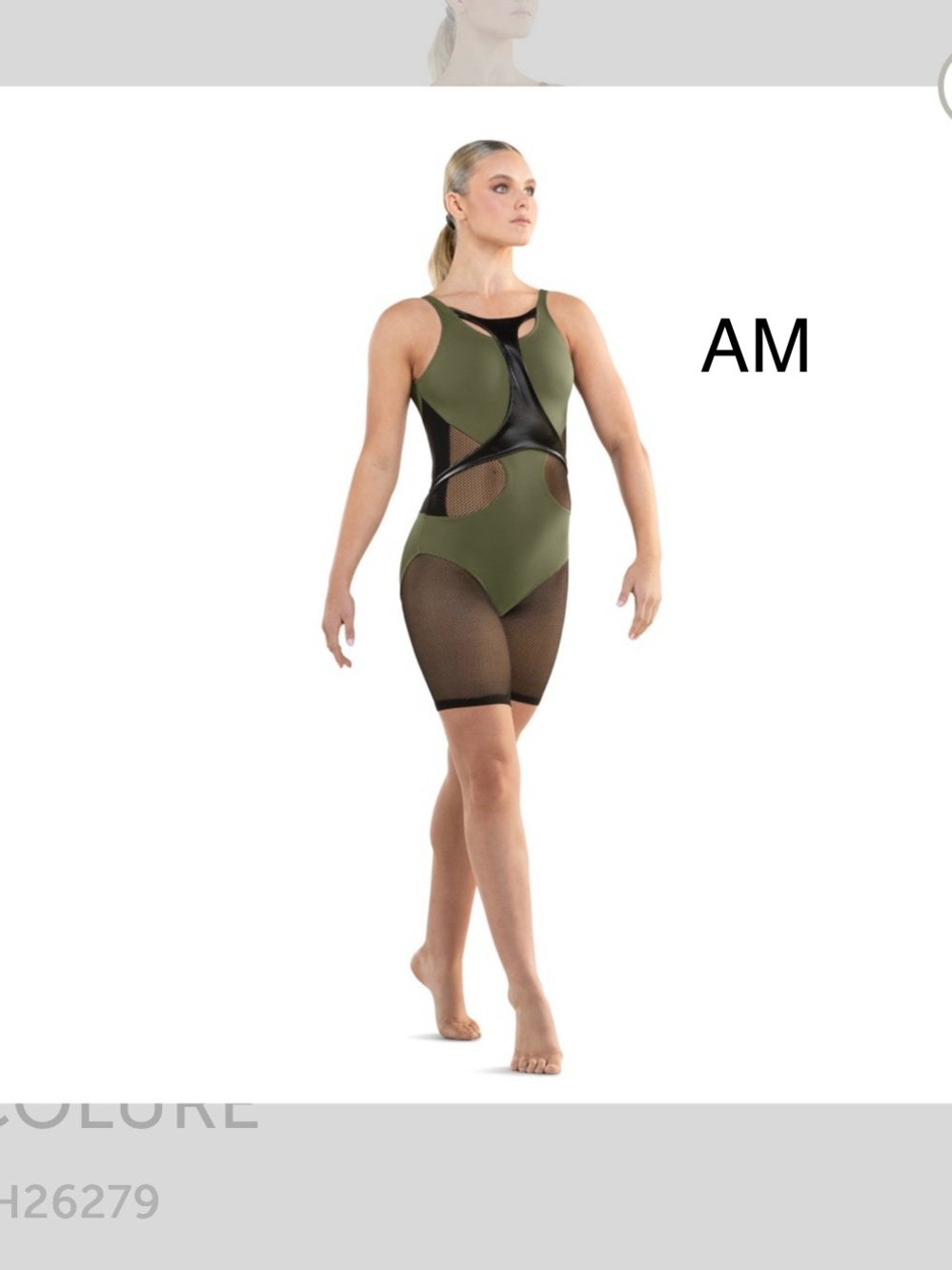 Olive Cutout Dance Bodysuit with Black Mesh Accents